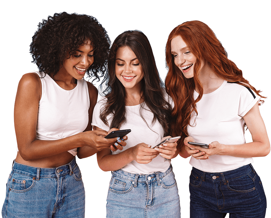 Three girls looking at their phones